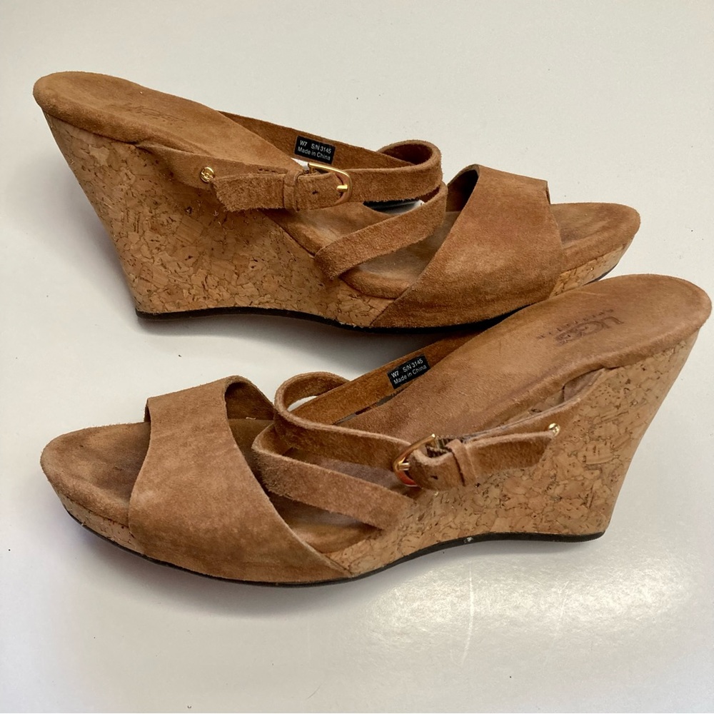 UGG Tan Suede Cork Wedge Sandals